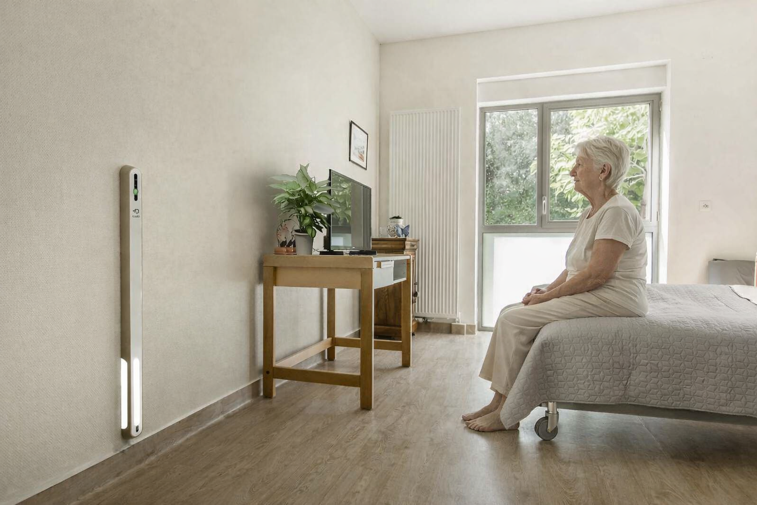 Résidente assise au bord de son lit dans une chambre d’EHPAD lumineuse