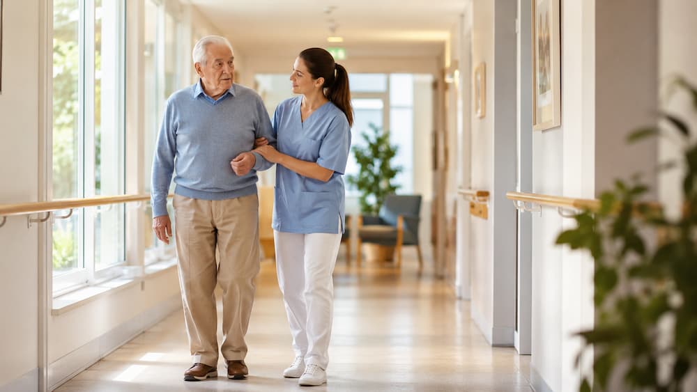 Résident accompagné dans un couloir d’EHPAD pour sécuriser la déambulation