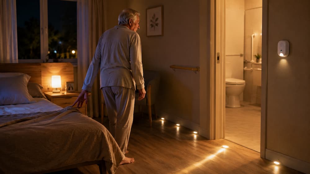 Chambre EHPAD de nuit avec trajet lit toilettes sécurisé et détection de chute sans caméra