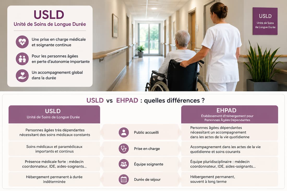 Infographie comparant une USLD et un EHPAD : public accueilli, soins, équipe et durée de séjour