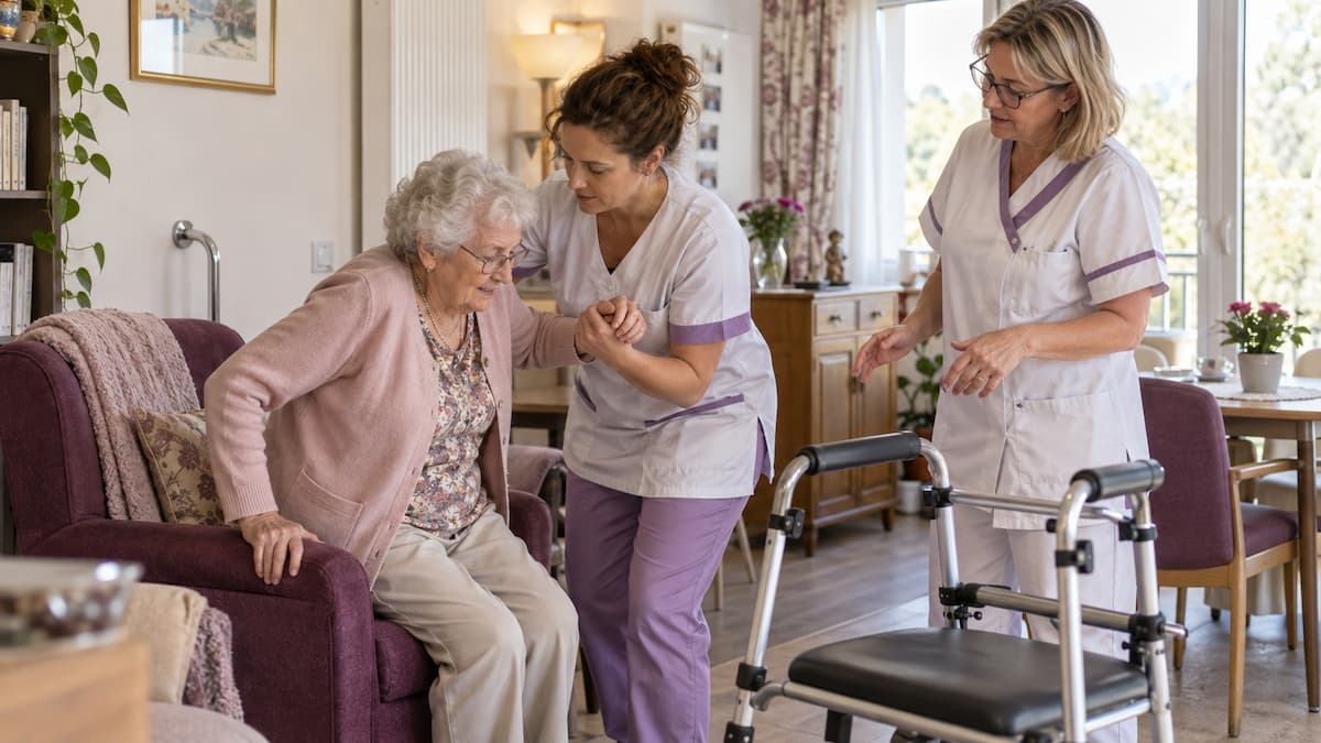 Soignante accompagnant une résidente lors d’un lever en EHPAD