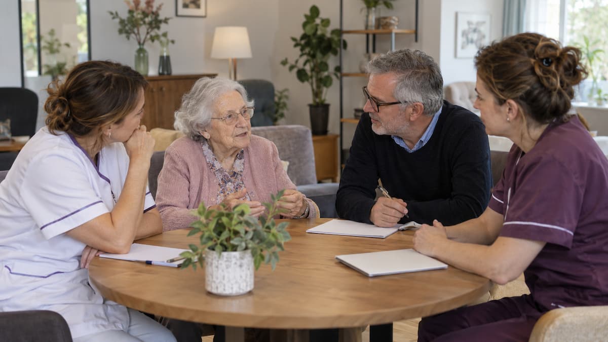 Soignante accompagnant une résidente pendant une activité adaptée en EHPAD