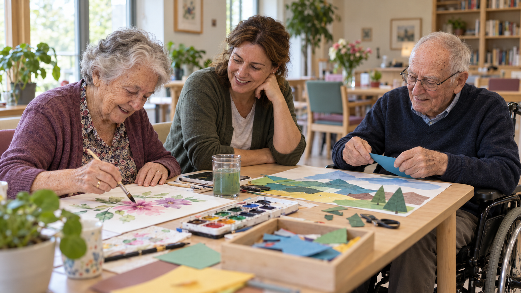 Peinture de papillons sur une feuille posée sur la table Oxalys® bleue