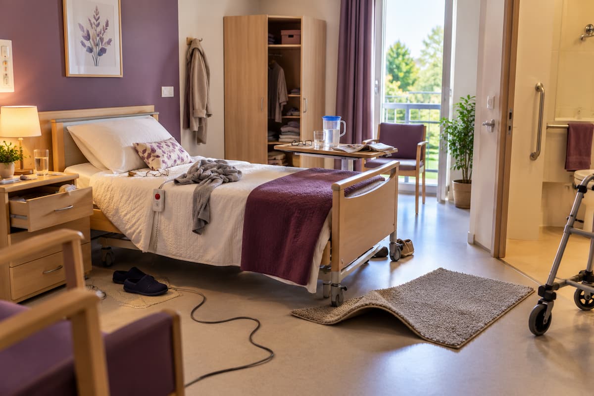 Chambre médicalisée en EHPAD avec plusieurs situations à examiner pour prévenir les risques du quotidien