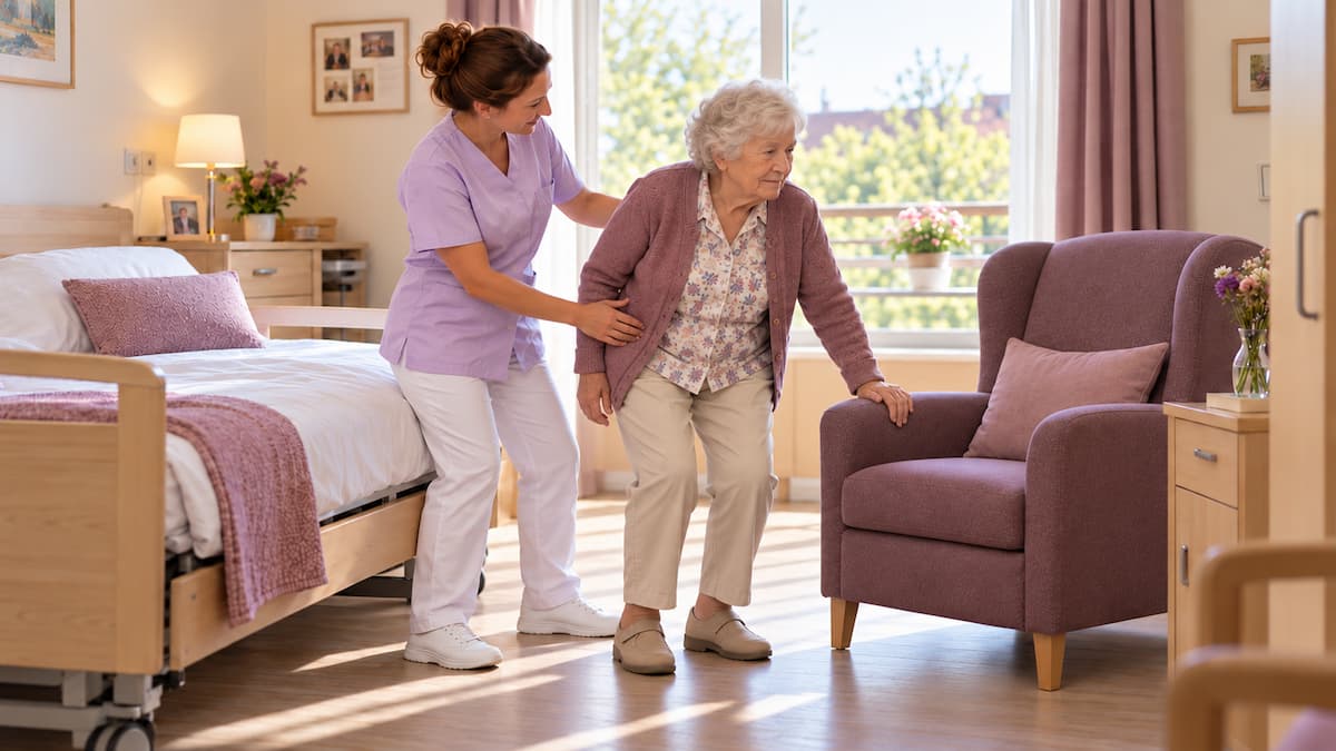 Une soignante accompagne manuellement une résidente entre le lit et le fauteuil dans une chambre d’EHPAD